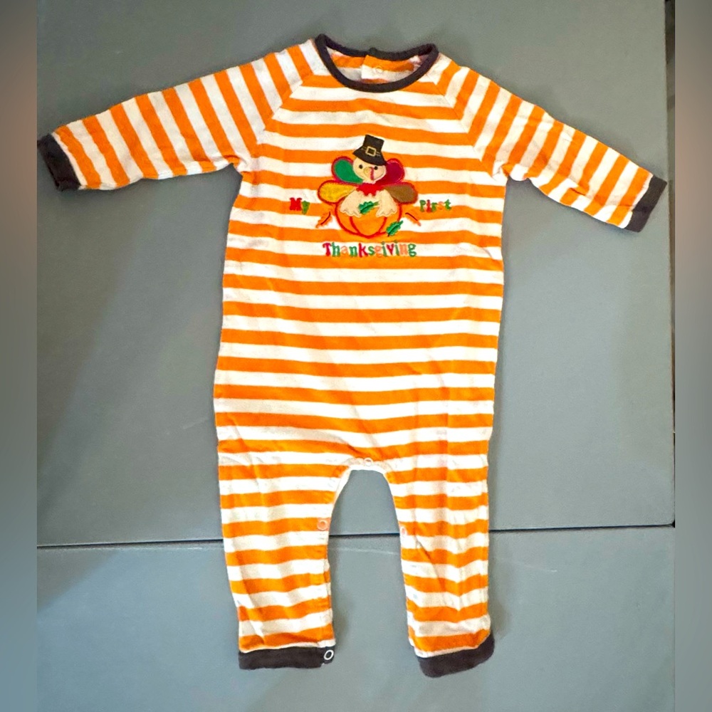 Toffee Apple  My First Thanksgiving  Romper 9 Month  Orange Stripe Long Sleeve